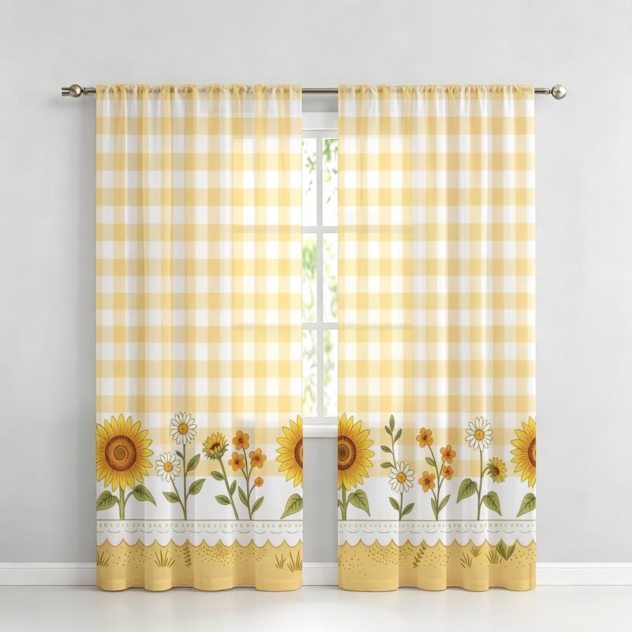 2PCS Digital Print Sheer Curta - đánh giá và giá Home Decor Yellow