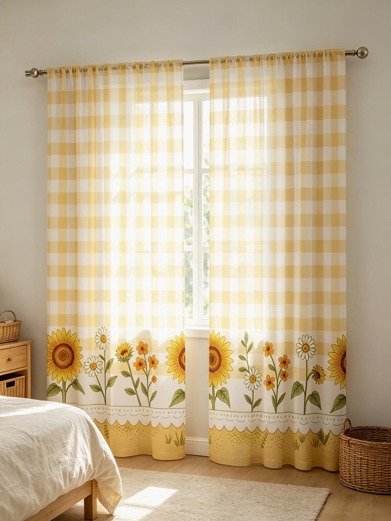 2PCS Digital Print Sheer Curta - đánh giá và giá Home Decor Yellow