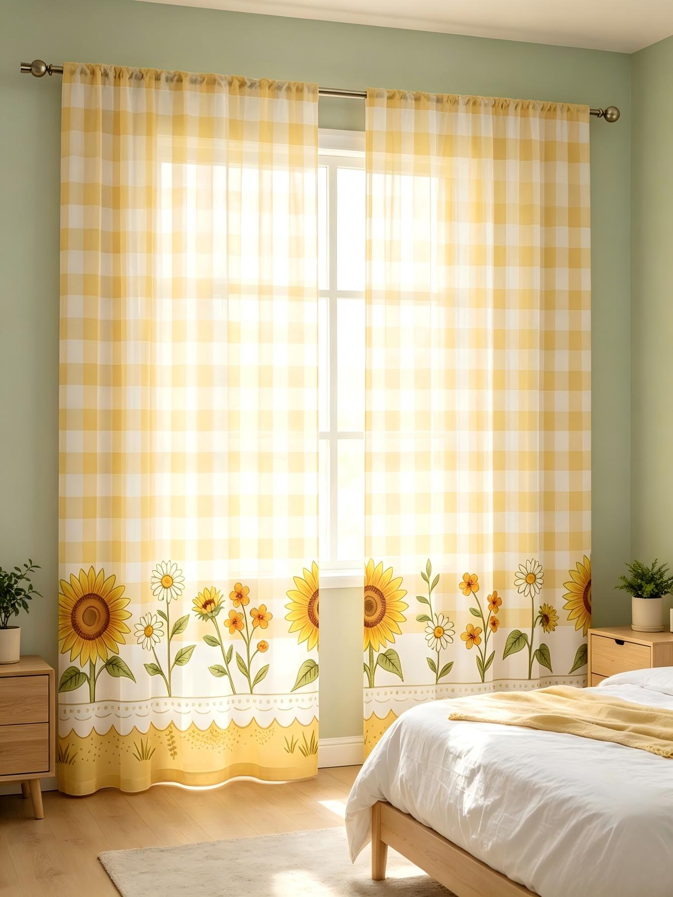 2PCS Digital Print Sheer Curta - đánh giá và giá Home Decor Yellow